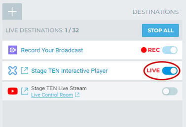 Close up of Stage TEN Interactive Player Destination Toggled On